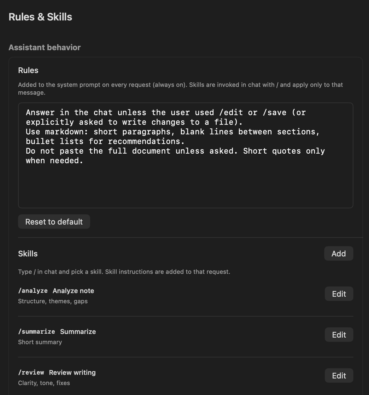 Rules and Skills settings for the in-app assistant