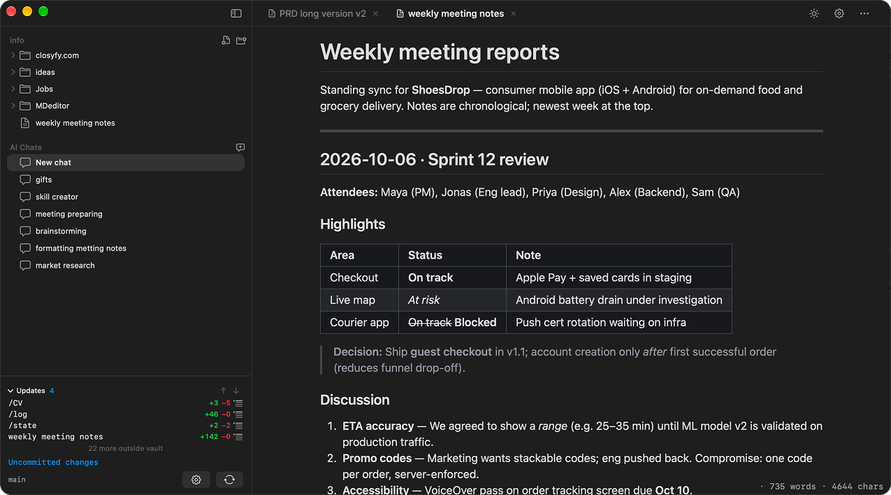Rendered preview of the same meeting notes document
