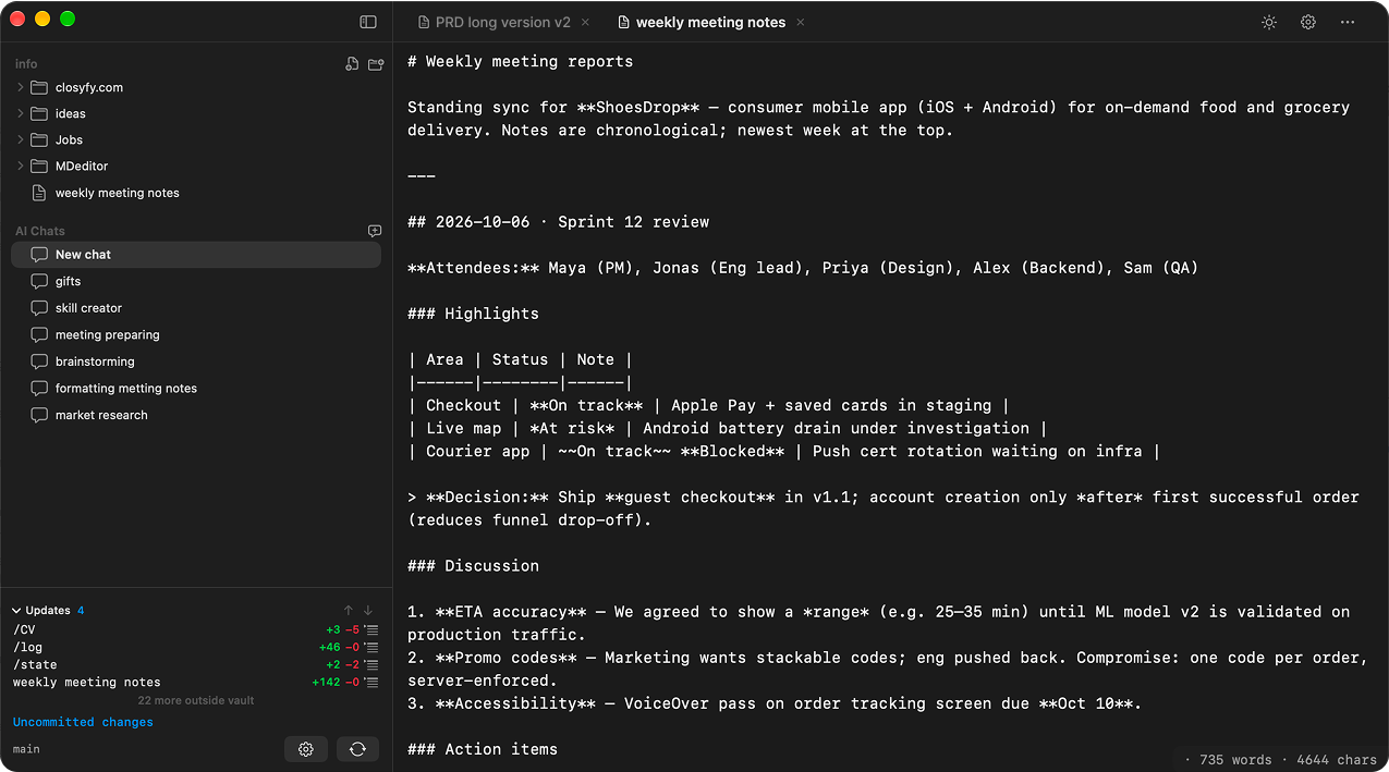 Markdown source editor with headings, tables, and syntax