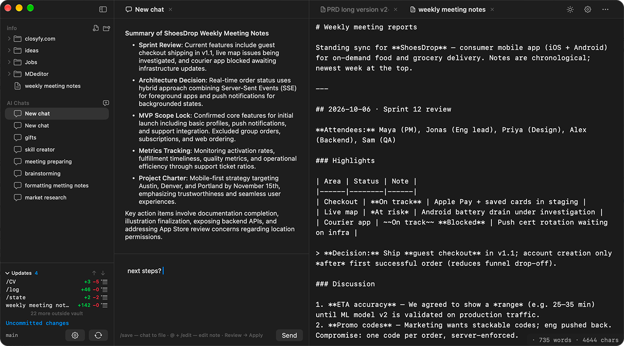 Docugit on macOS with vault sidebar, AI chat summarizing meeting notes, and Markdown editor